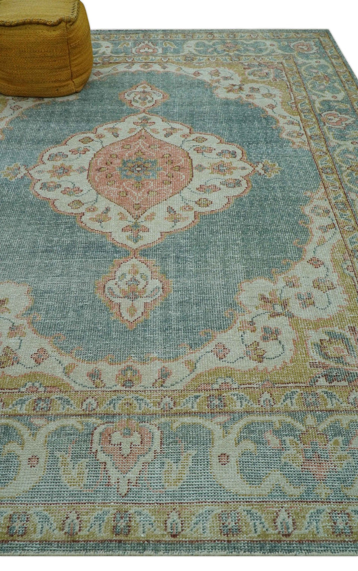 Blue And Peach Traditional Turkish Design Hand Knotted 8x10 Wool Area Rug - The Rug Decor