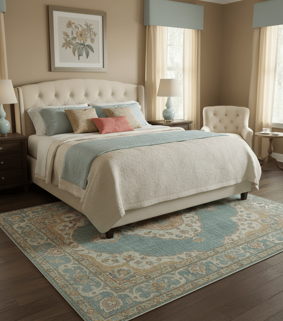 Blue And Peach Traditional Turkish Design Hand Knotted 8x10 Wool Area Rug - The Rug Decor