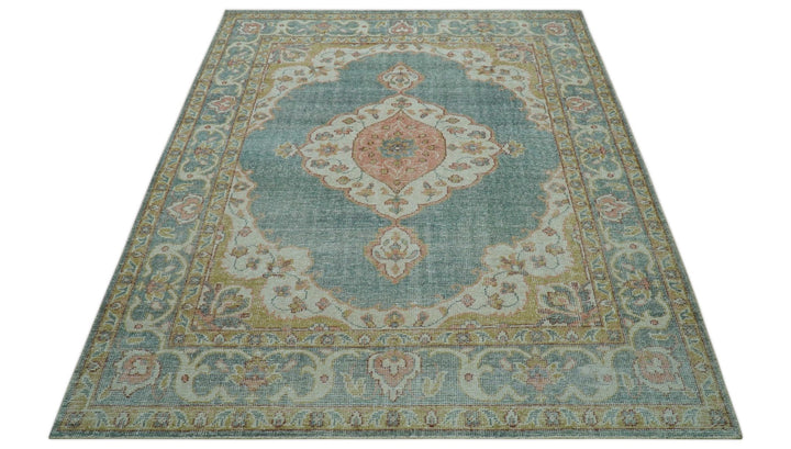 Blue And Peach Traditional Turkish Design Hand Knotted 8x10 Wool Area Rug - The Rug Decor