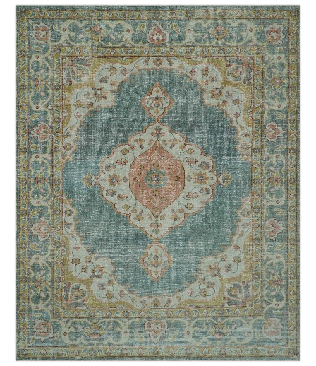 Blue And Peach Traditional Turkish Design Hand Knotted 8x10 Wool Area Rug - The Rug Decor