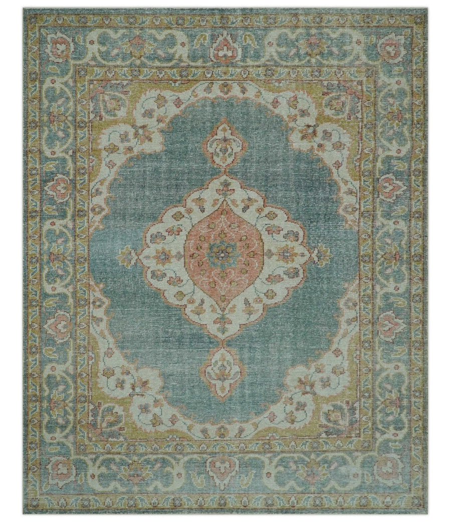 Blue And Peach Traditional Turkish Design Hand Knotted 8x10 Wool Area Rug - The Rug Decor