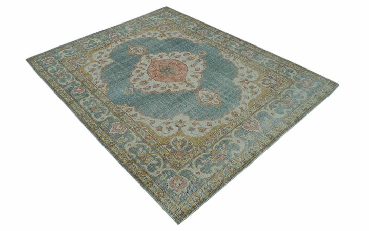 Blue And Peach Traditional Turkish Design Hand Knotted 8x10 Wool Area Rug - The Rug Decor