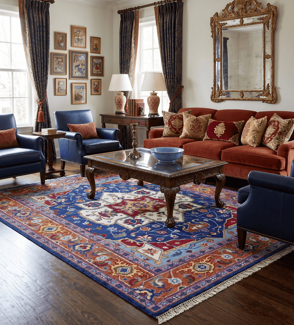Blue and Rust Hand Knotted Traditional Heriz Multi Size wool Area Rug - The Rug Decor