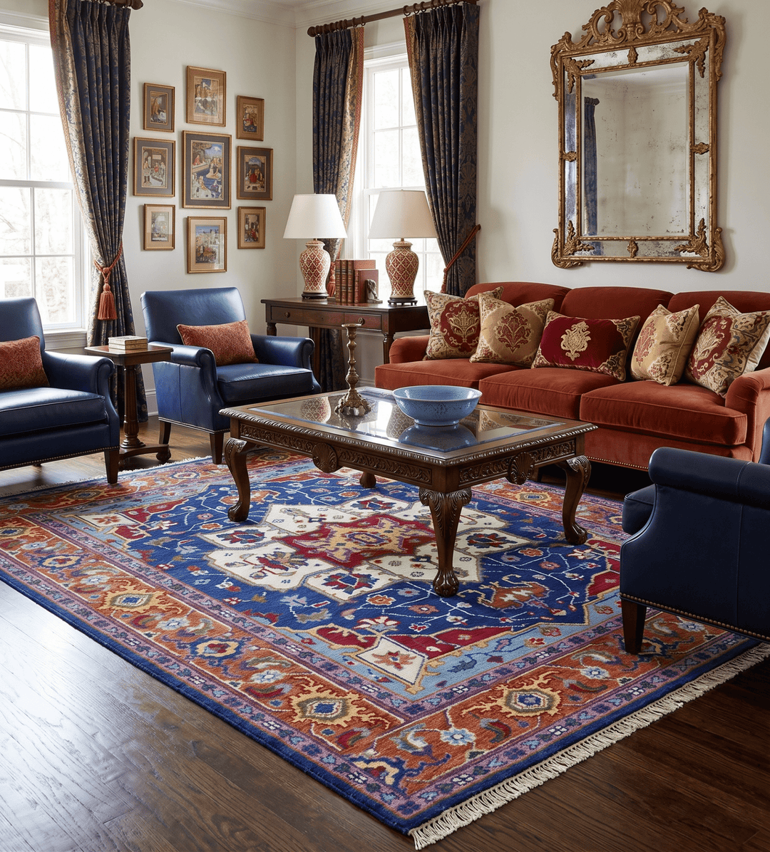 Blue and Rust Hand Knotted Traditional Heriz Multi Size wool Area Rug - The Rug Decor