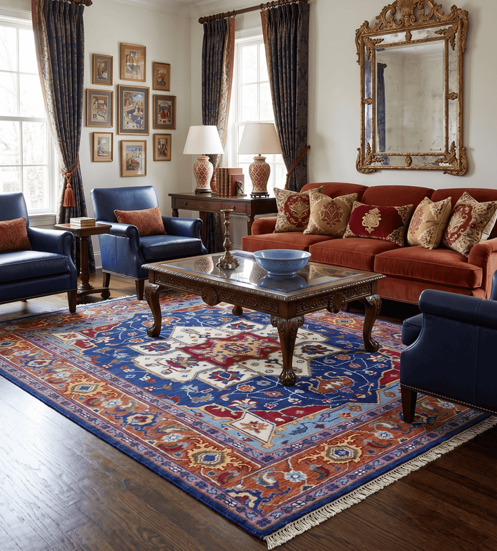Blue and Rust Hand Knotted Traditional Heriz Multi Size wool Area Rug - The Rug Decor