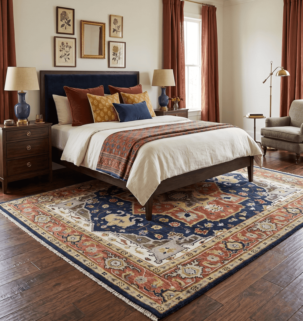 Blue and Rust Hand Knotted Traditional Heriz Style Multi Size Wool Area Rug - The Rug Decor