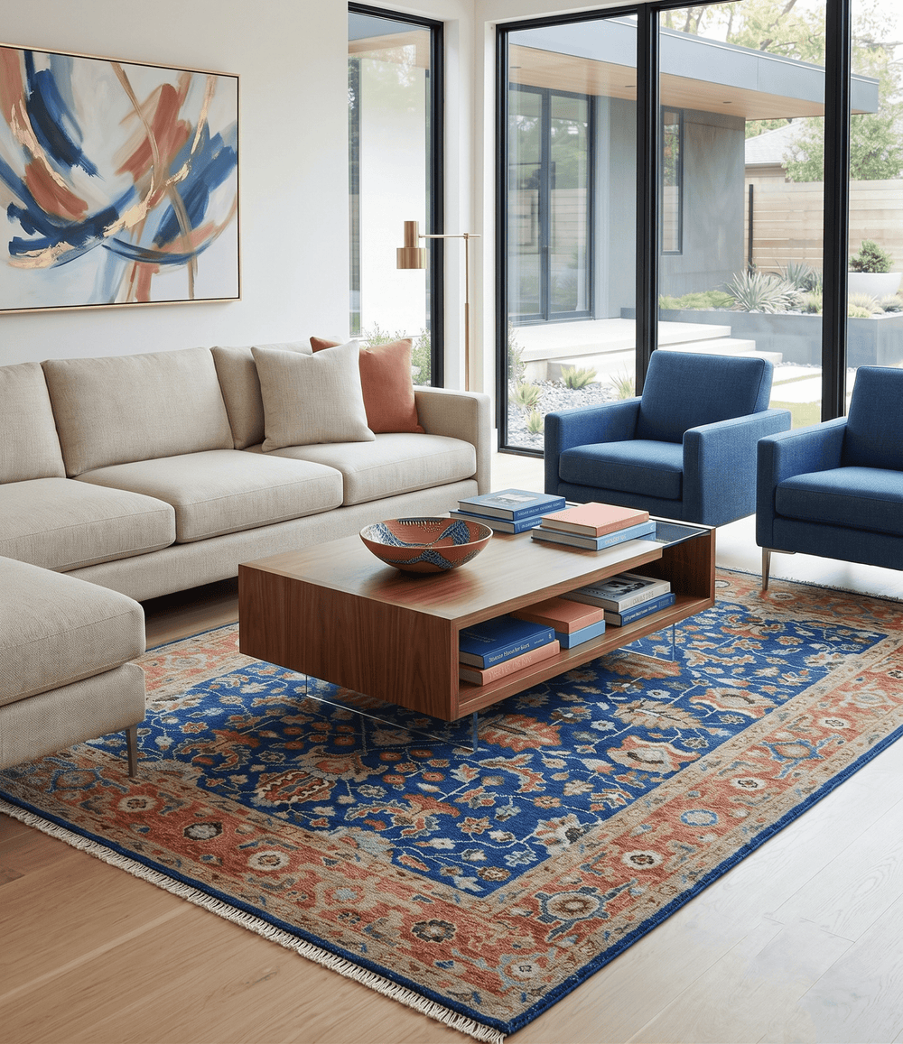 Blue and Rust Turkish Design Traditional Serapi 8X10 Hand Knotted Wool Area Rug - The Rug Decor
