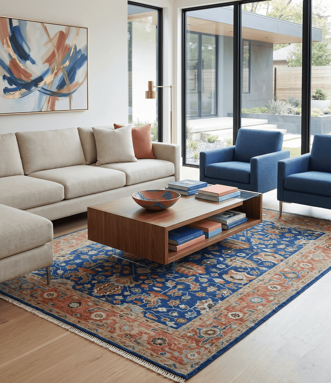 Blue and Rust Turkish Design Traditional Serapi Hand Knotted Wool Area Rug - The Rug Decor