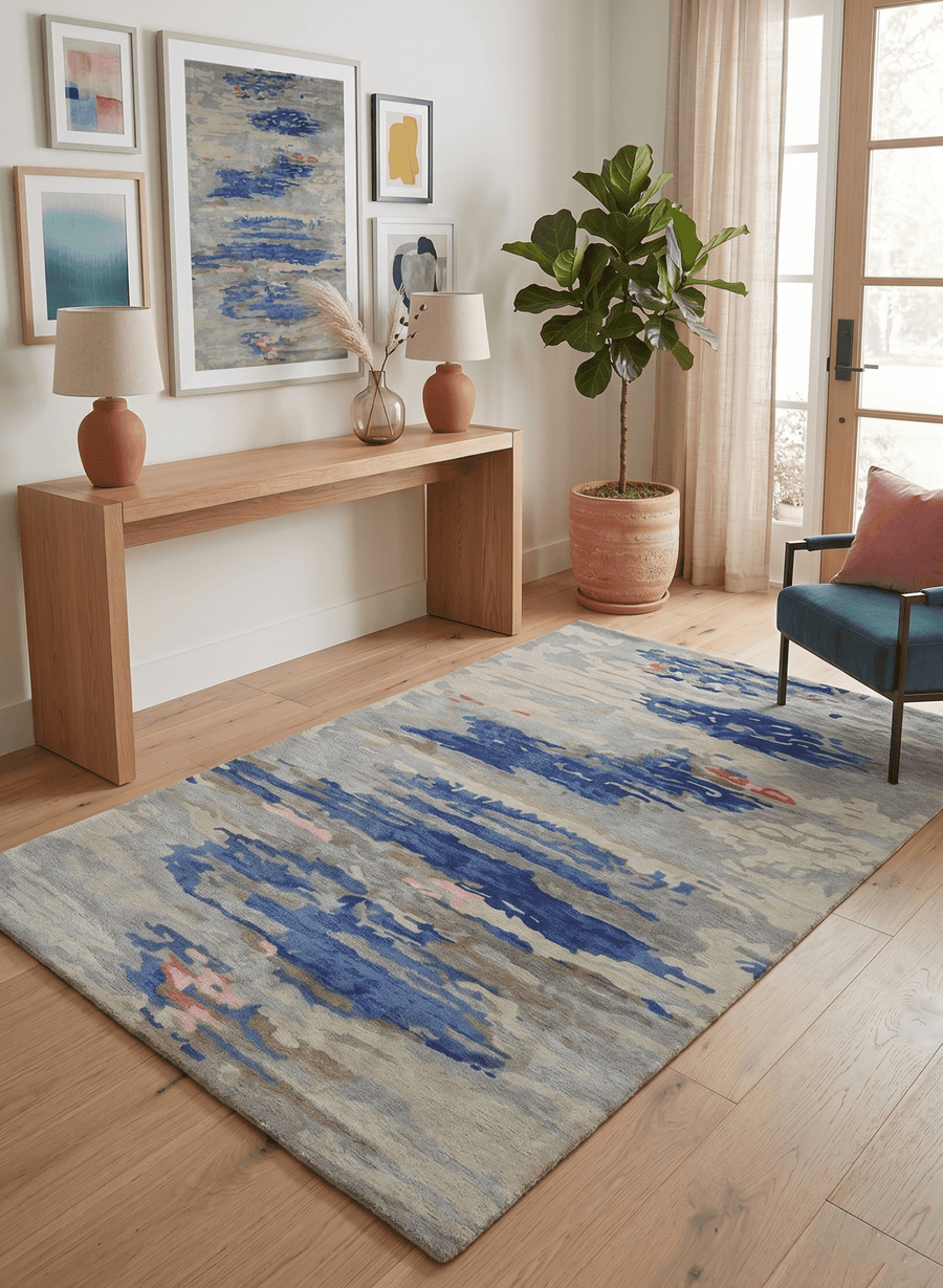 Blue and Silver Modern Abstract Hand Tufted Wool and Art Silk 5x8 Area Rug - The Rug Decor