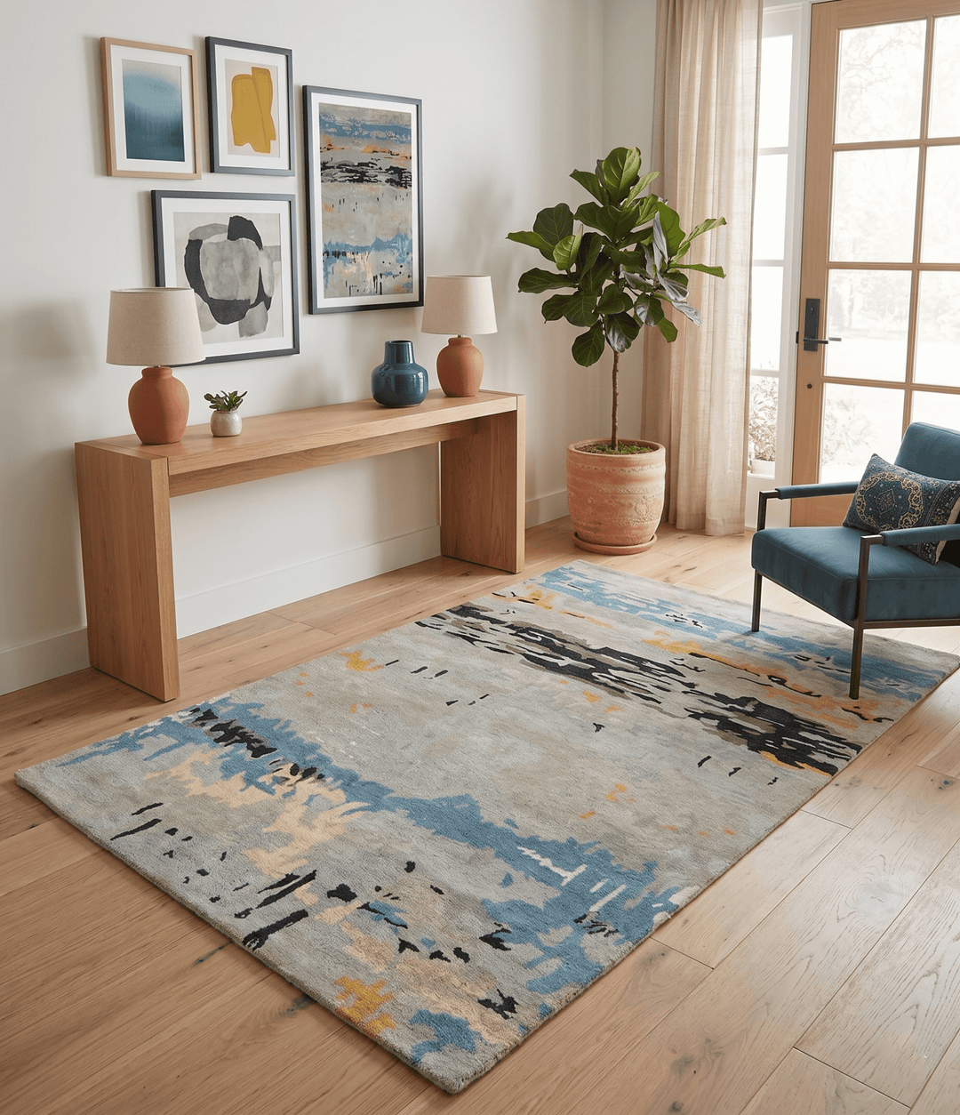 Blue and Silver Modern Abstract Hand Tufted Wool and Art Silk 5x8 Area Rug - The Rug Decor