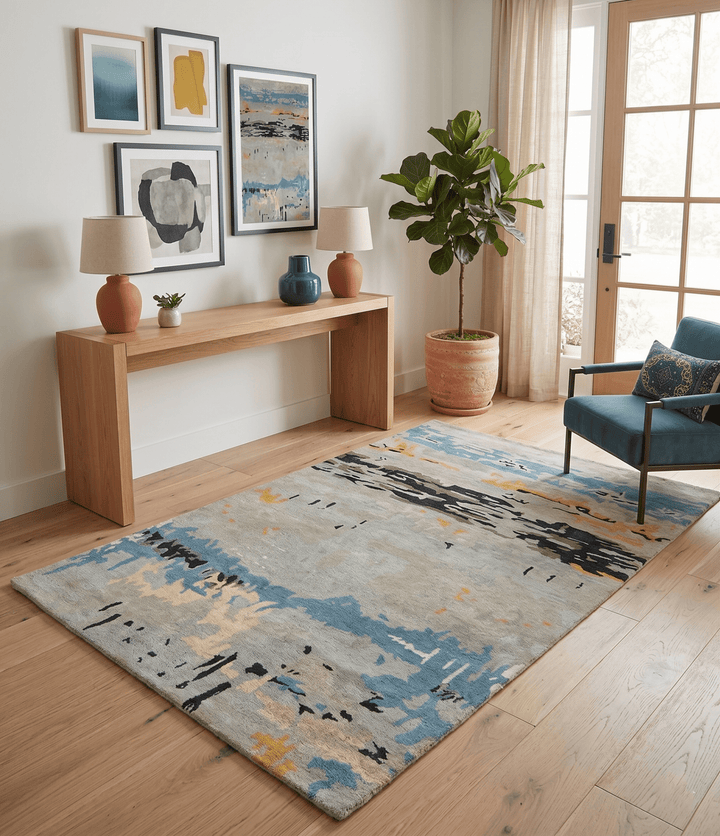Blue and Silver Modern Abstract Hand Tufted Wool and Art Silk 5x8 Area Rug - The Rug Decor