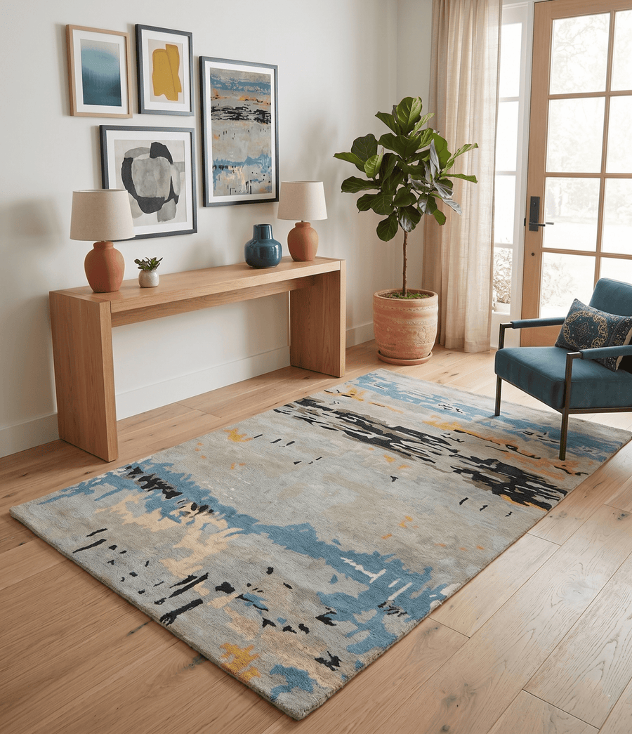 Blue and Silver Modern Abstract Hand Tufted Wool and Art Silk 5x8 Area Rug - The Rug Decor