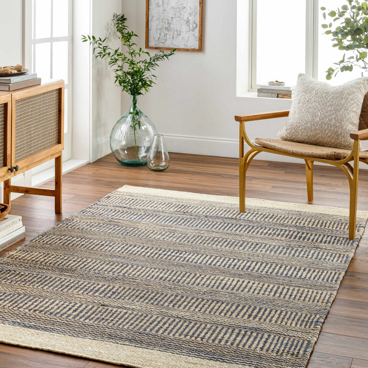 Blue and Tan Hand Woven Stripes Design Southwestern jute Area Rug - The Rug Decor