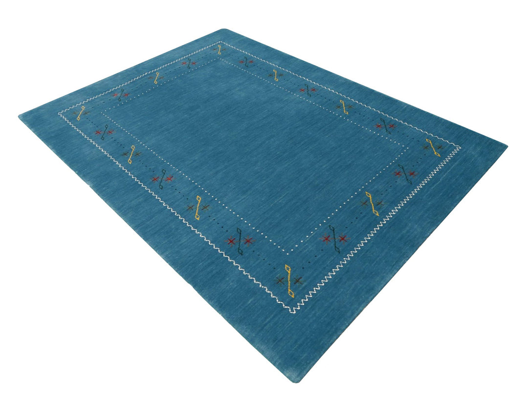 Blue And White Gabbeh Border Design Hand Loomed Wool Area Rug - The Rug Decor