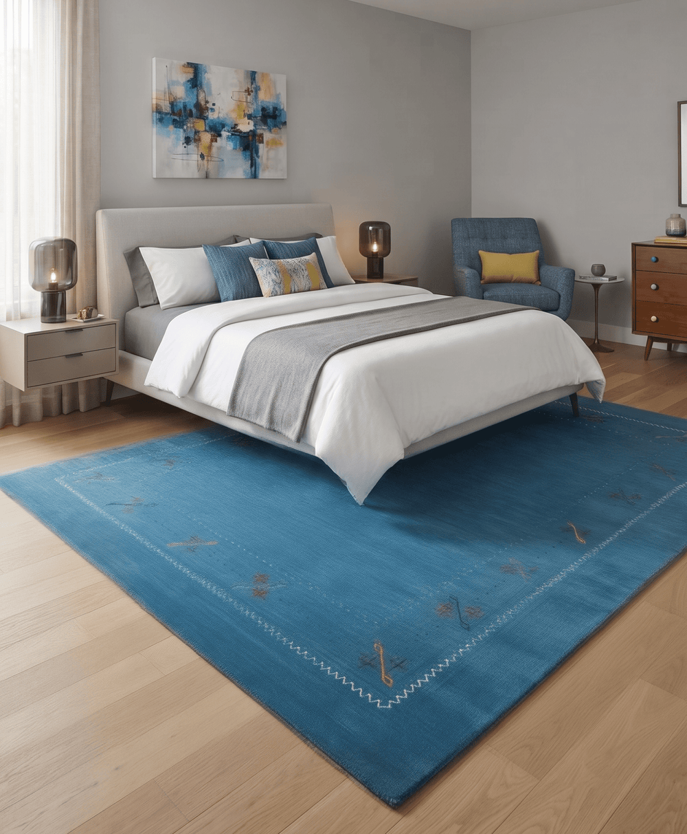 Blue And White Gabbeh Border Design Hand Loomed Wool Area Rug - The Rug Decor