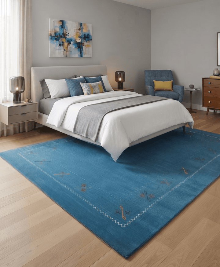 Blue And White Gabbeh Border Design Hand Loomed Wool Area Rug - The Rug Decor