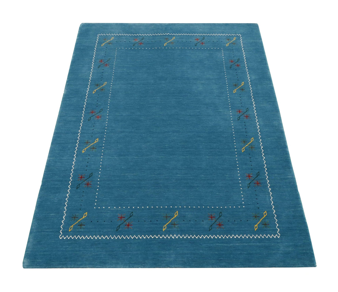 Blue And White Gabbeh Border Design Hand Loomed Wool Area Rug - The Rug Decor