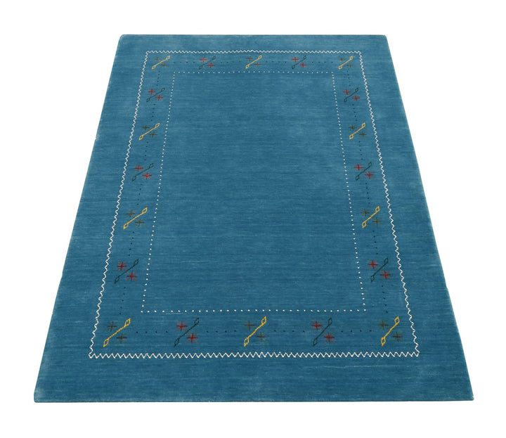 Blue And White Gabbeh Border Design Hand Loomed Wool Area Rug - The Rug Decor