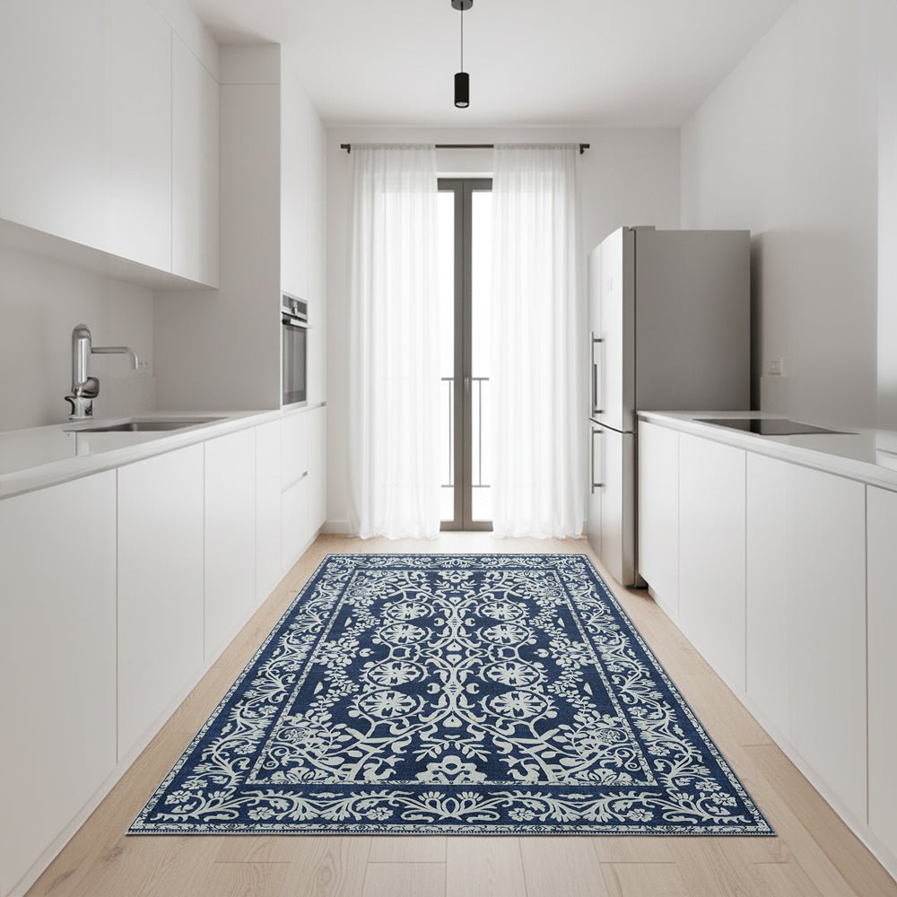 Blue and White Leaf's and Flower Machine Washable Cotton Rug - The Rug Decor