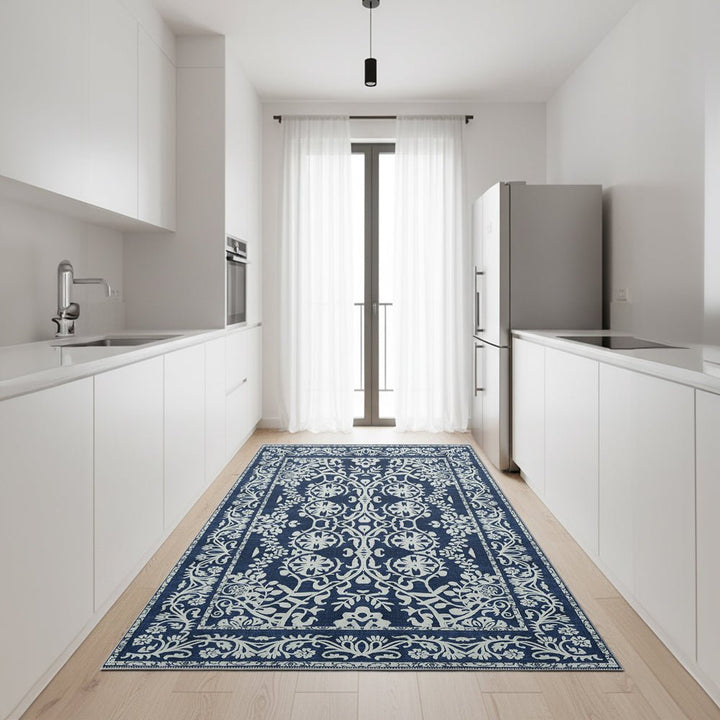 Blue and White Leaf's and Flower Machine Washable Cotton Rug - The Rug Decor