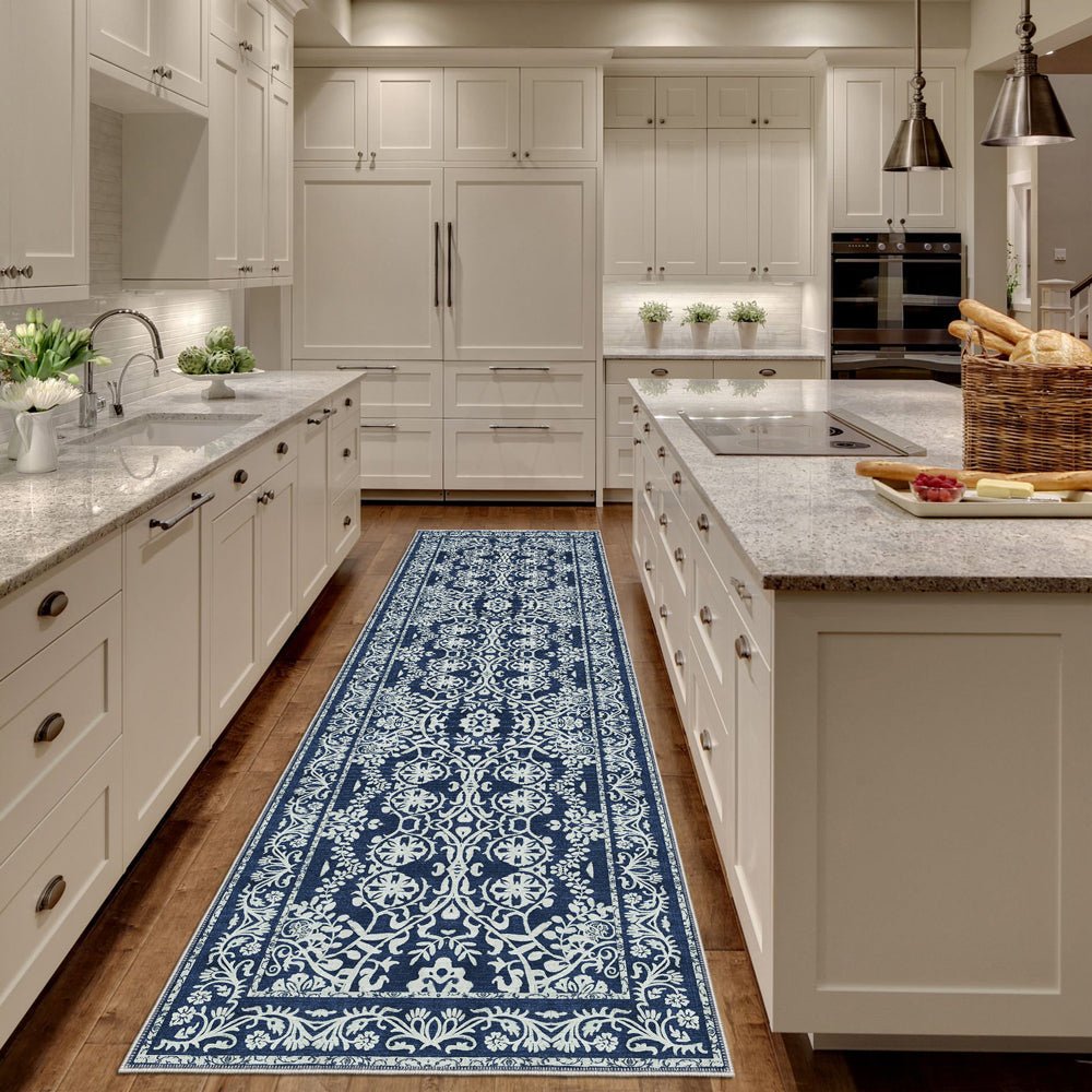 Blue and White Leaf's and Flower Machine Washable Cotton Rug - The Rug Decor