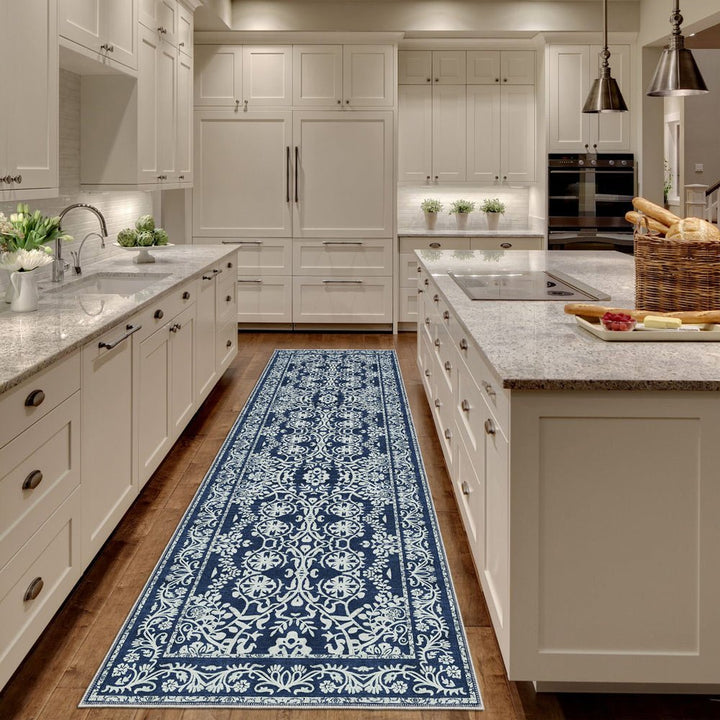 Blue and White Leaf's and Flower Machine Washable Cotton Rug - The Rug Decor