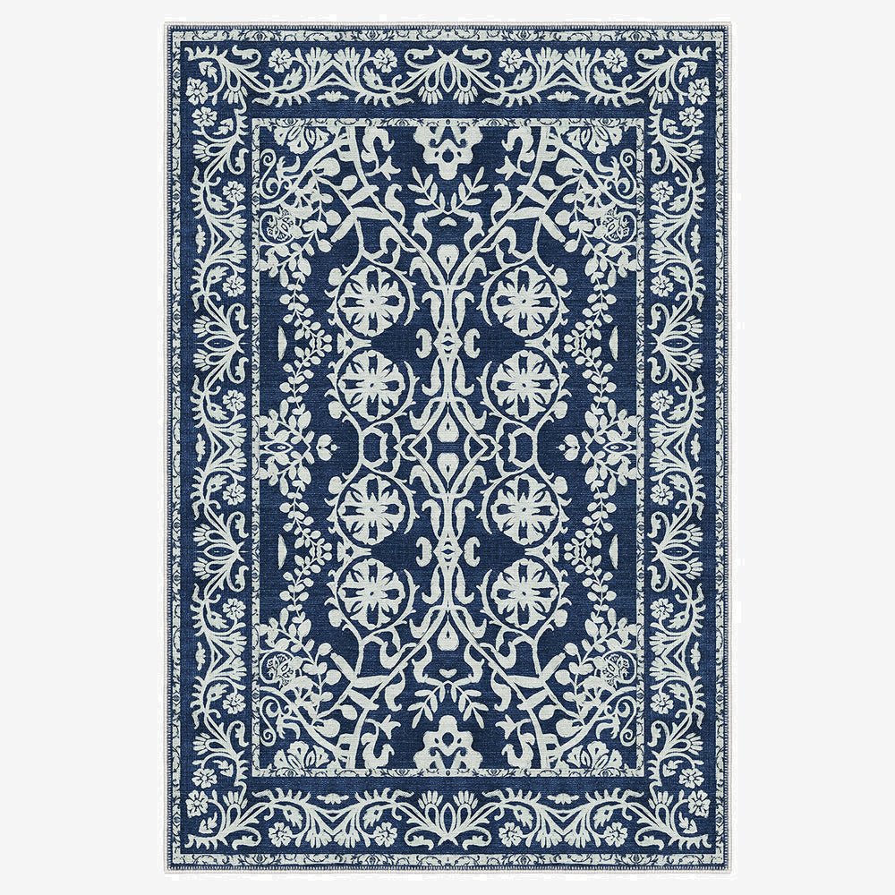 Blue and White Leaf's and Flower Machine Washable Cotton Rug - The Rug Decor