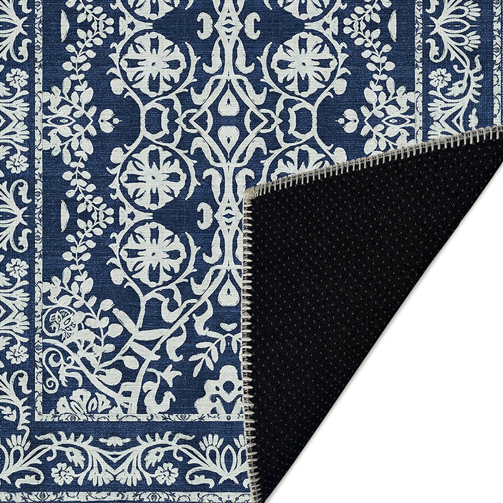 Blue and White Leaf's and Flower Machine Washable Cotton Rug - The Rug Decor