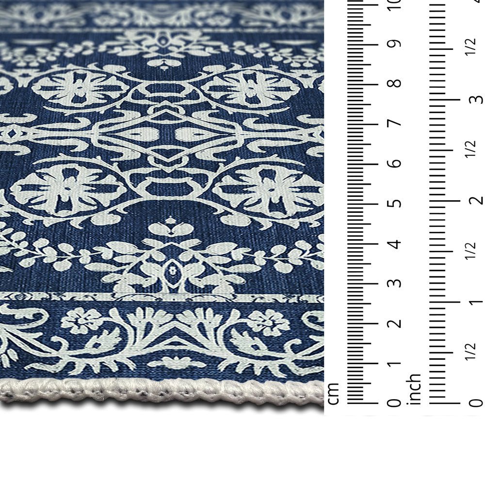 Blue and White Leaf's and Flower Machine Washable Cotton Rug - The Rug Decor