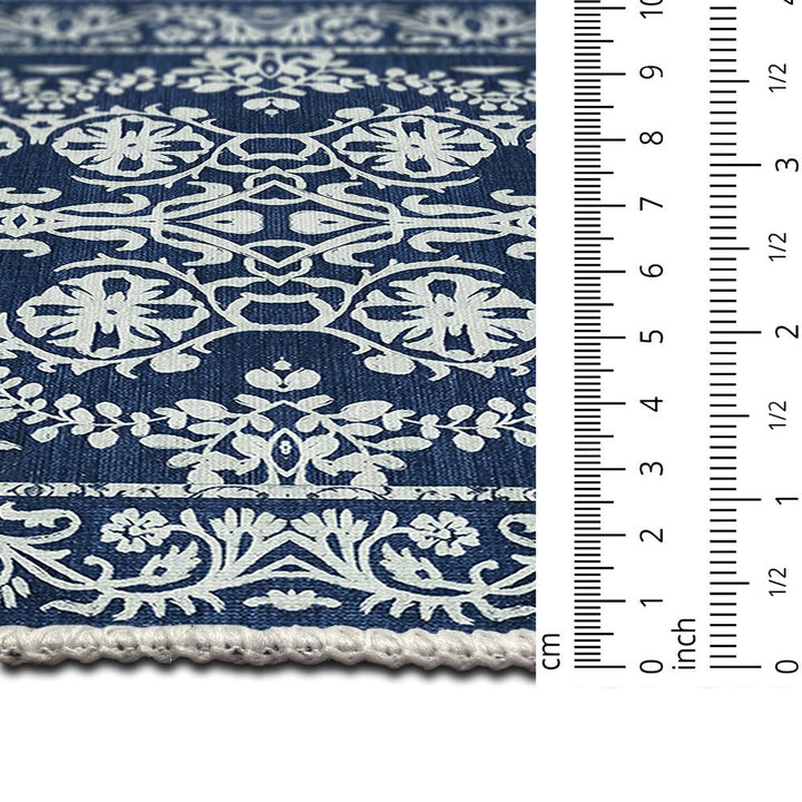 Blue and White Leaf's and Flower Machine Washable Cotton Rug - The Rug Decor
