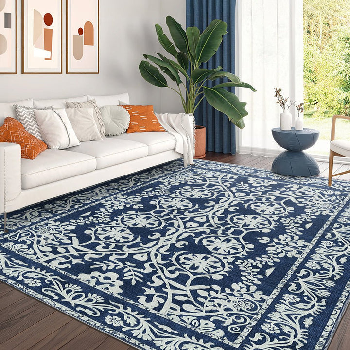 Blue and White Leaf's and Flower Machine Washable Cotton Rug - The Rug Decor
