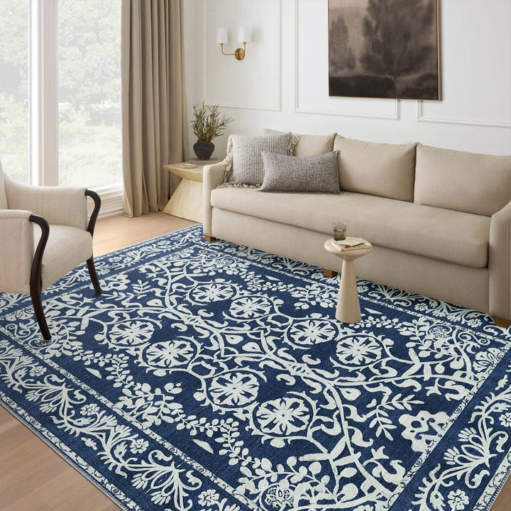 Blue and White Leaf's and Flower Machine Washable Cotton Rug - The Rug Decor