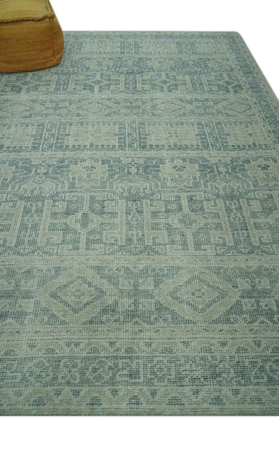 Blue, Beige and Silver 8x10 Hand Knotted Tribal Design wool area rug - The Rug Decor