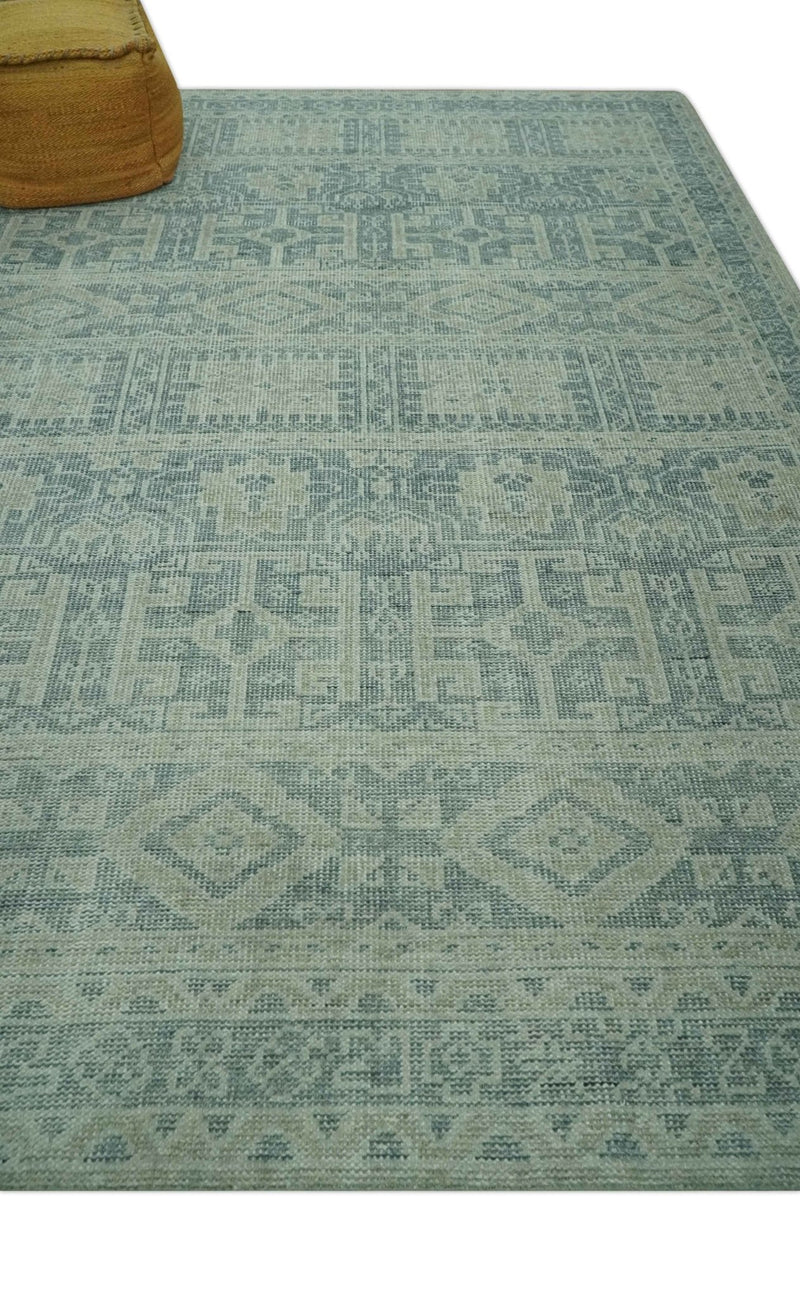 Blue, Beige and Silver 8x10 Hand Knotted Tribal Design wool area rug - The Rug Decor