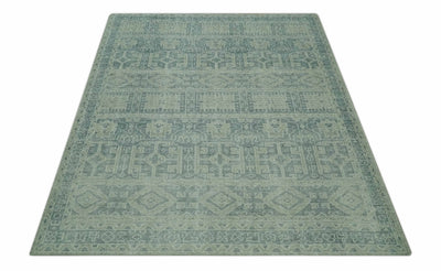 Blue, Beige and Silver 8x10 Hand Knotted Tribal Design wool area rug - The Rug Decor