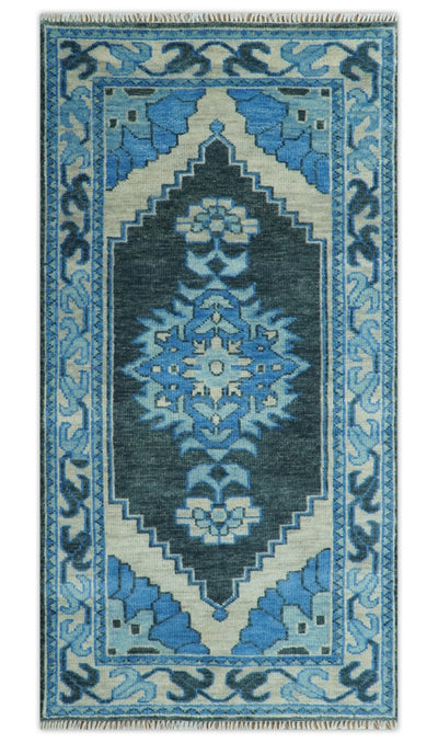 Blue, Black and Ivory Hand Knotted Antique Traditional Heriz Serapi Multi Size Wool Area Rug - The Rug Decor