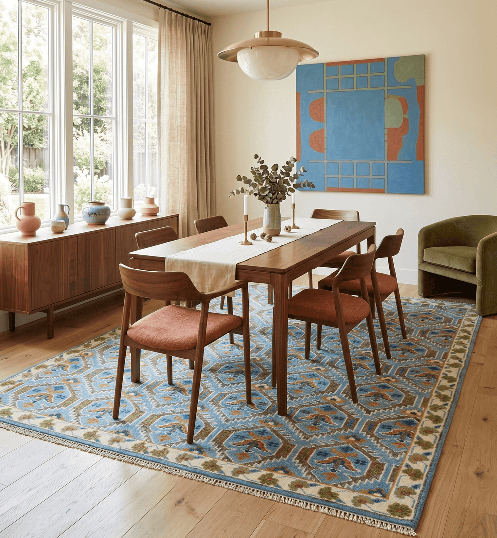 Blue, Brown and Beige Hand Knotted Wool Antique Vintage Style wool Area Rug - The Rug Decor