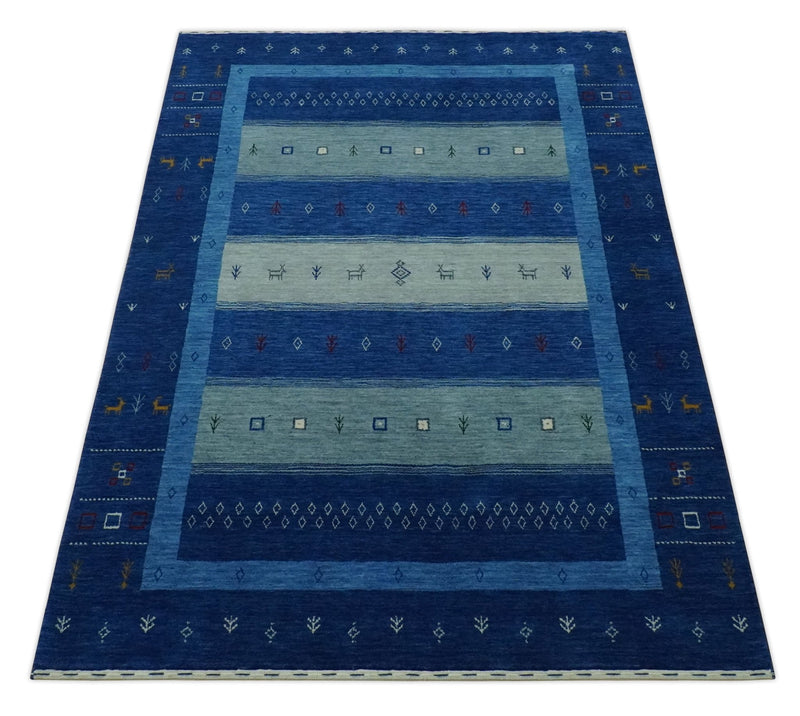 Blue, Gray and Silver Stripes design Hand loom Tribal Gabbeh Traditional 4.6x7 Wool Area Rug - The Rug Decor