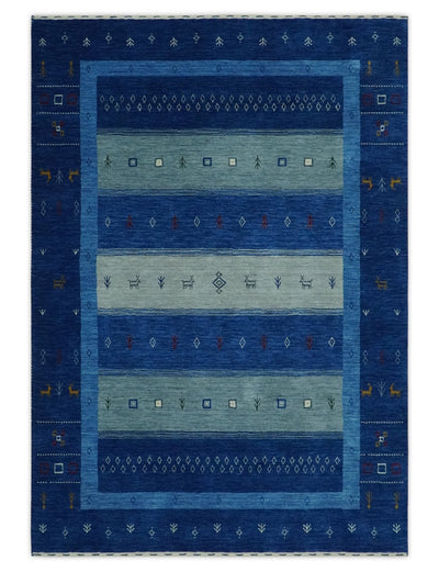 Blue, Gray and Silver Stripes design Tribal Gabbeh Traditional Custom Made Wool Area Rug - The Rug Decor