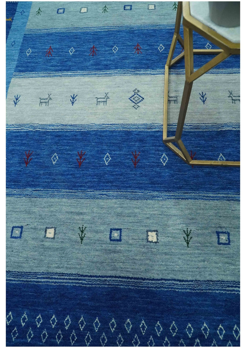 Blue, Gray and Silver Stripes design Tribal Gabbeh Traditional Custom Made Wool Area Rug - The Rug Decor