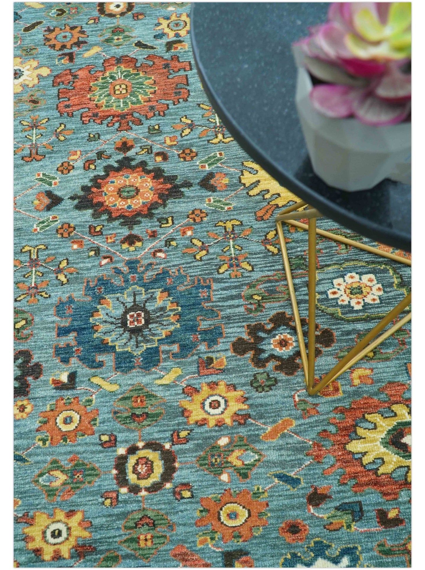 Blue, Green And Rust Traditional Turkish knot fine Hand knotted Wool Area Rug - The Rug Decor