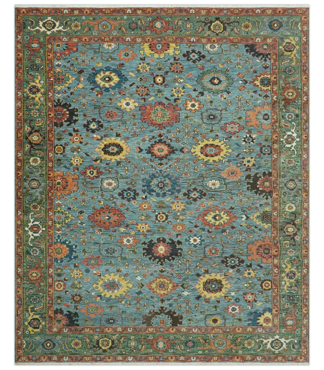 Blue, Green And Rust Traditional Turkish knot fine Hand knotted Wool Area Rug - The Rug Decor