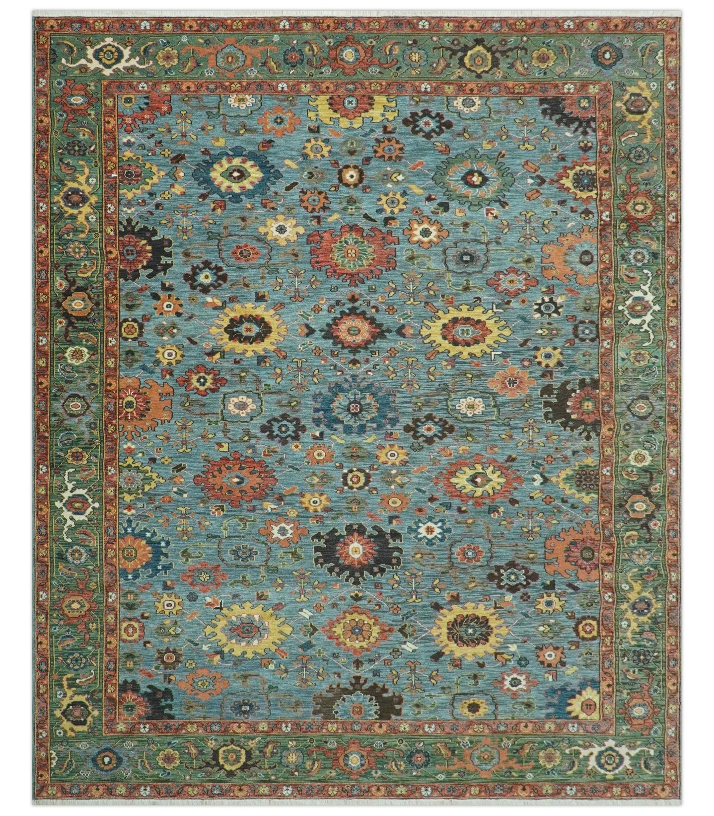 Blue, Green And Rust Traditional Turkish knot fine Hand knotted Wool Area Rug - The Rug Decor