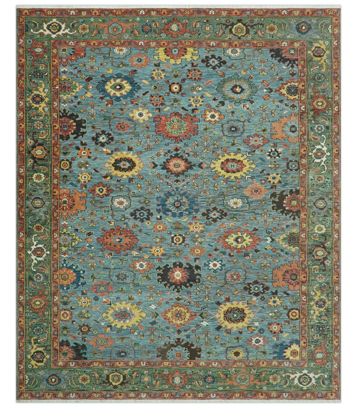 Blue, Green And Rust Traditional Turkish knot fine Hand knotted Wool Area Rug - The Rug Decor