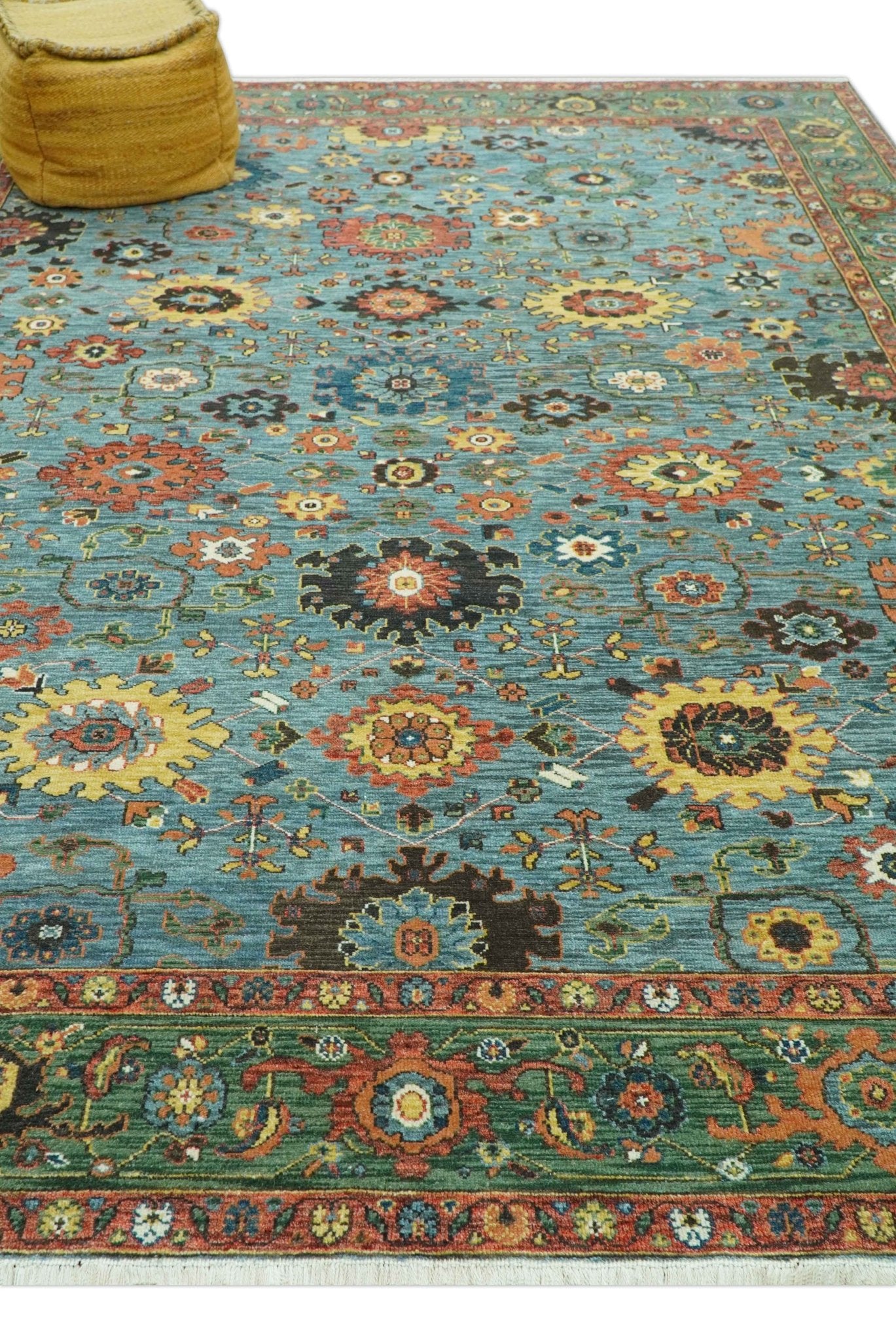 Blue, Green And Rust Traditional Turkish knot fine Hand knotted Wool Area Rug - The Rug Decor