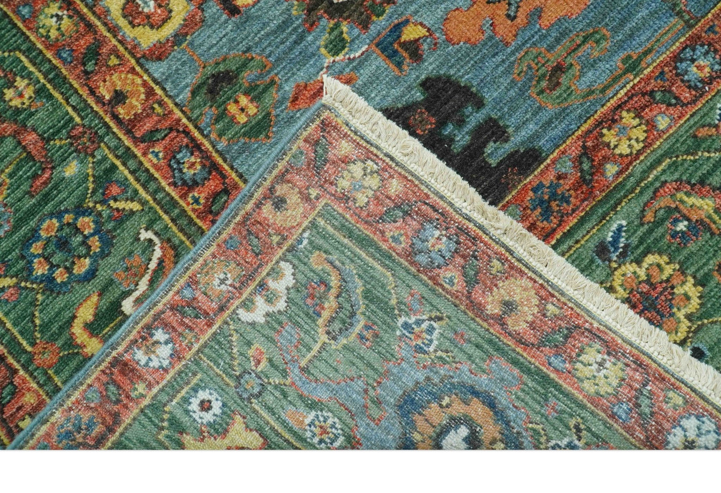 Blue, Green And Rust Traditional Turkish knot fine Hand knotted Wool Area Rug - The Rug Decor