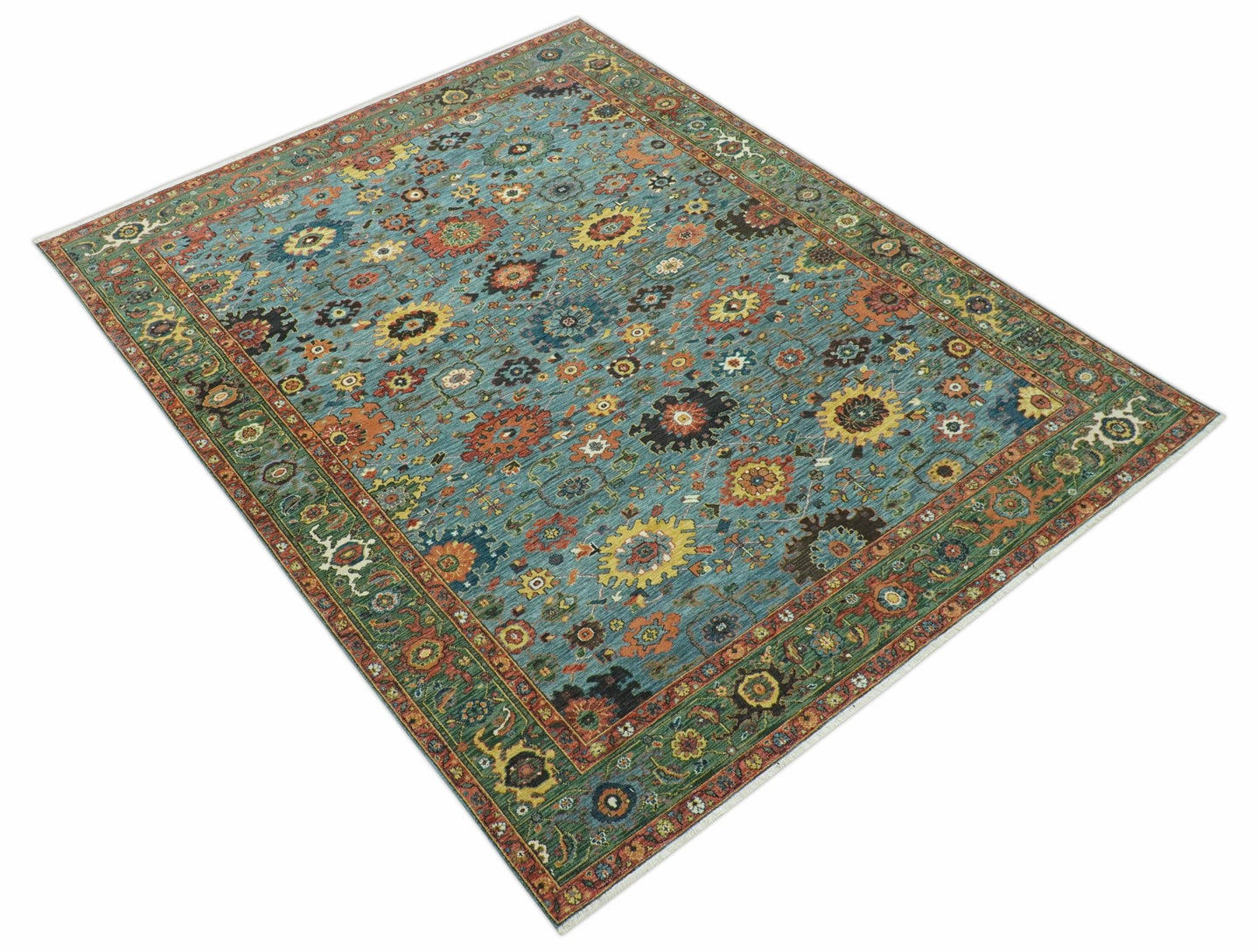 Blue, Green And Rust Traditional Turkish knot fine Hand knotted Wool Area Rug - The Rug Decor
