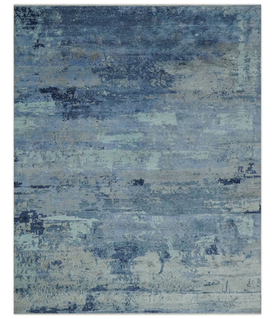Blue, Ivory and Aqua Modern abstract Hand Knotted 8x10 wool and Bamboo Silk area Rug - The Rug Decor