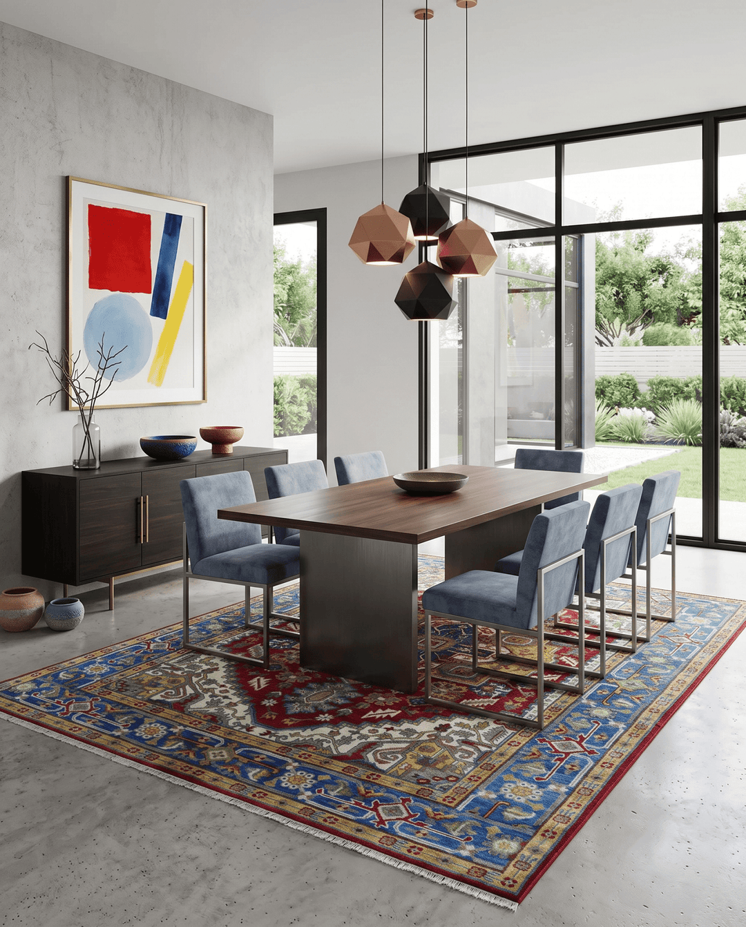 Blue, Maroon and Gold Hand Knotted Traditional Heriz Serapi Multi size Wool Area Rug - The Rug Decor