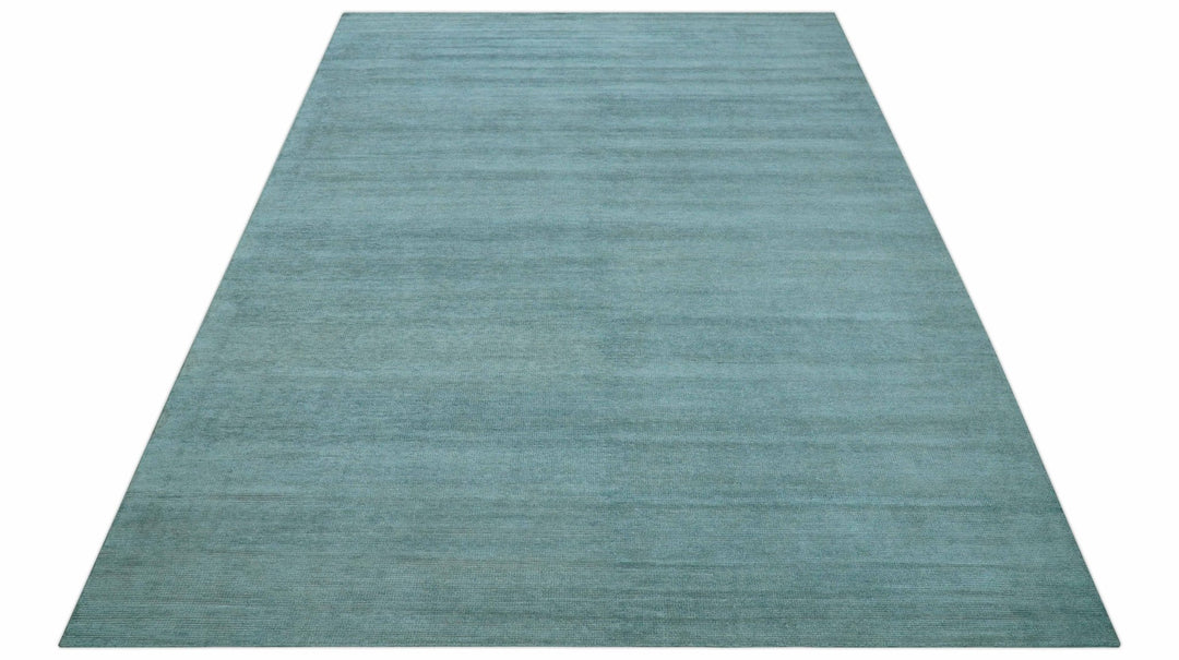 Blue Modern Solid Low Pile Hand Knotted 10x14 Bamboo Silk Area Rug - The Rug Decor